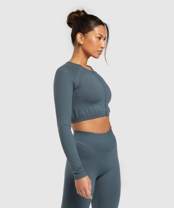 Sweat Seamless Long Sleeve Zip Crop Top - Image 3
