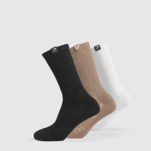 Woven Tab Crew Sock 3pk- White/Soul Brown/Black